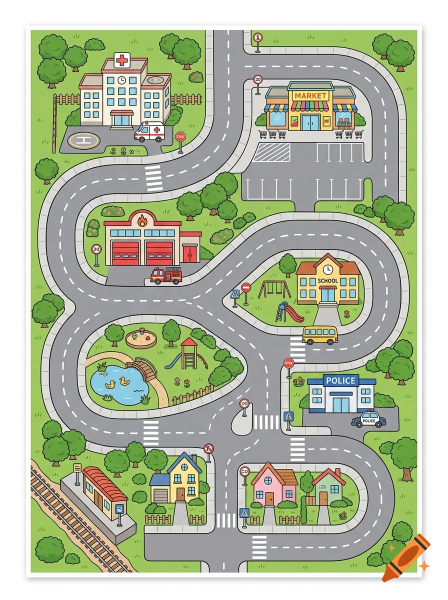 Top-down illustrated play mat showing a city with roads, hospital, school, market, and police station in a cartoon style.