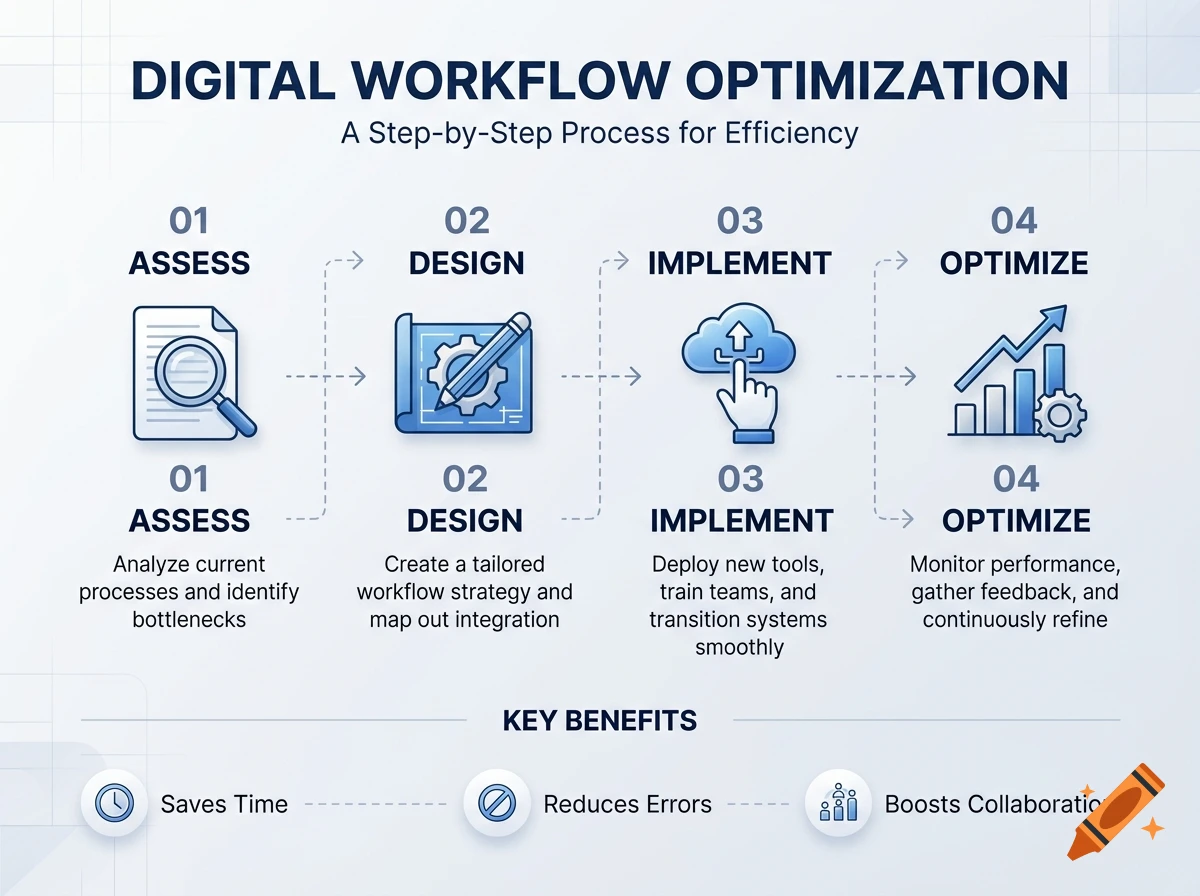 Digital workflow optimization flowchart with four steps: assess, design, implement, and optimize.