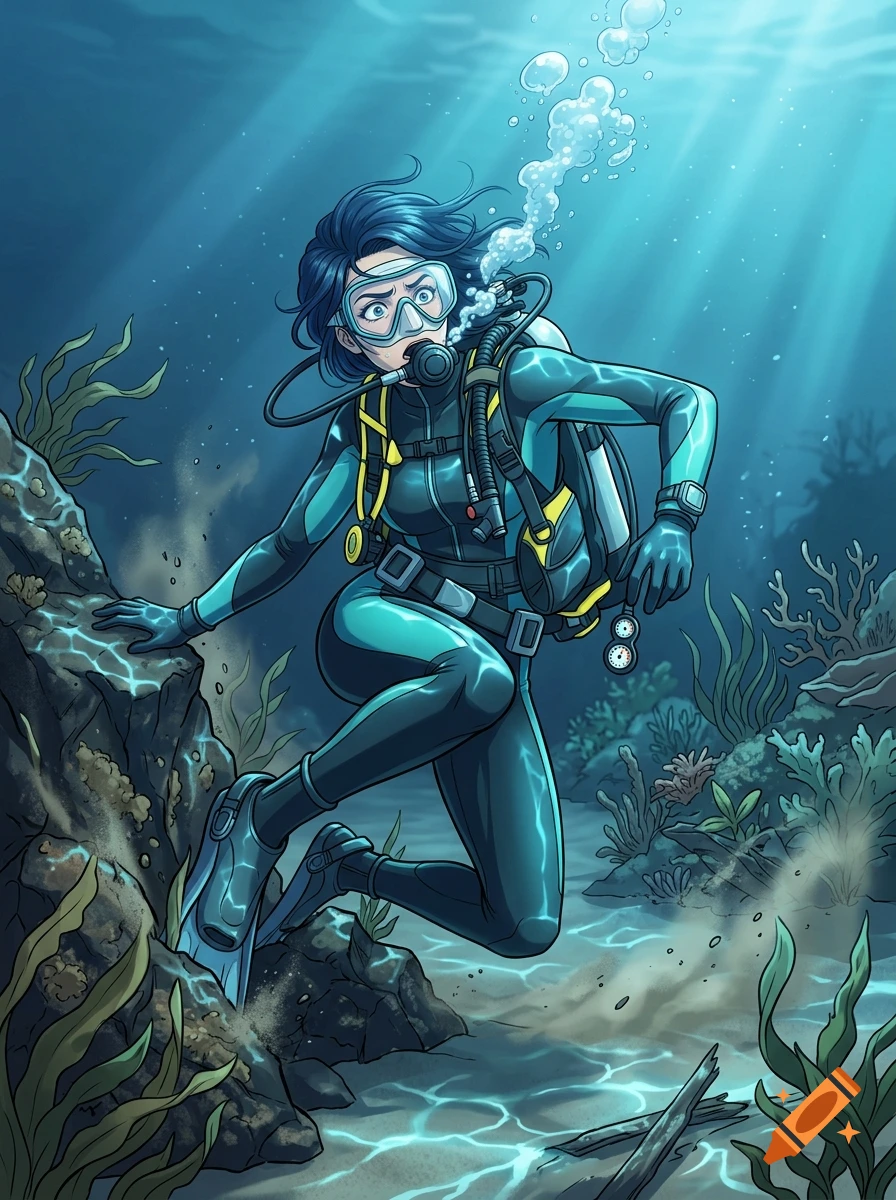 Anime style illustration of a female scuba diver struggling underwater with her foot stuck in rocks.
