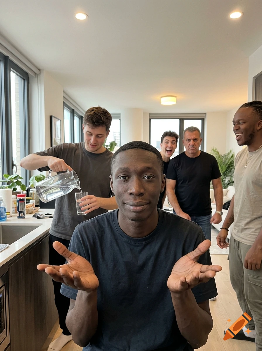 A young man with open palms looks forward while water is poured into a glass behind him, surrounded by four other men in an indoor setting.