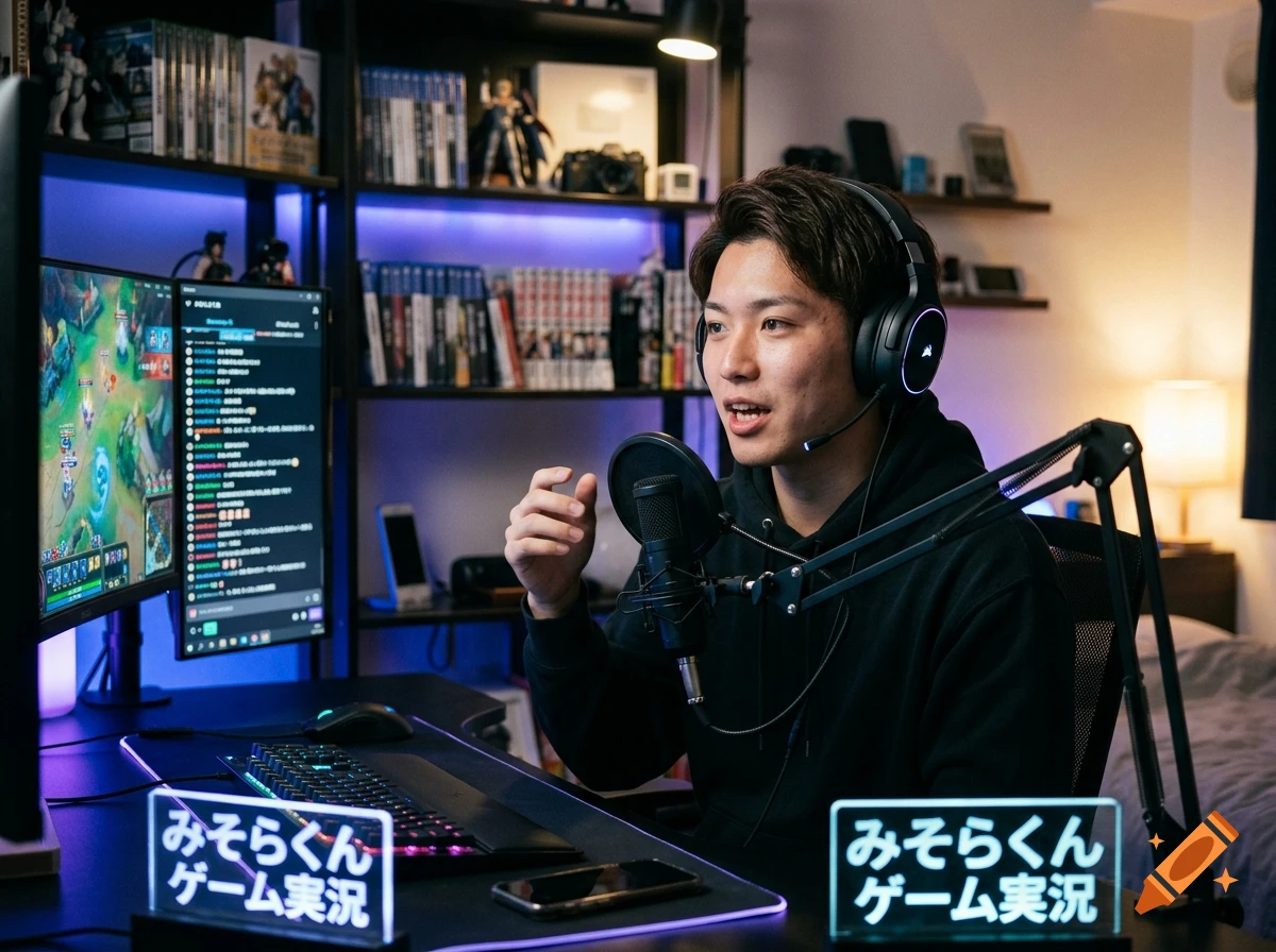 A young Asian man wearing a headset and gaming while streaming live in a room with shelves of games and blue lighting.
