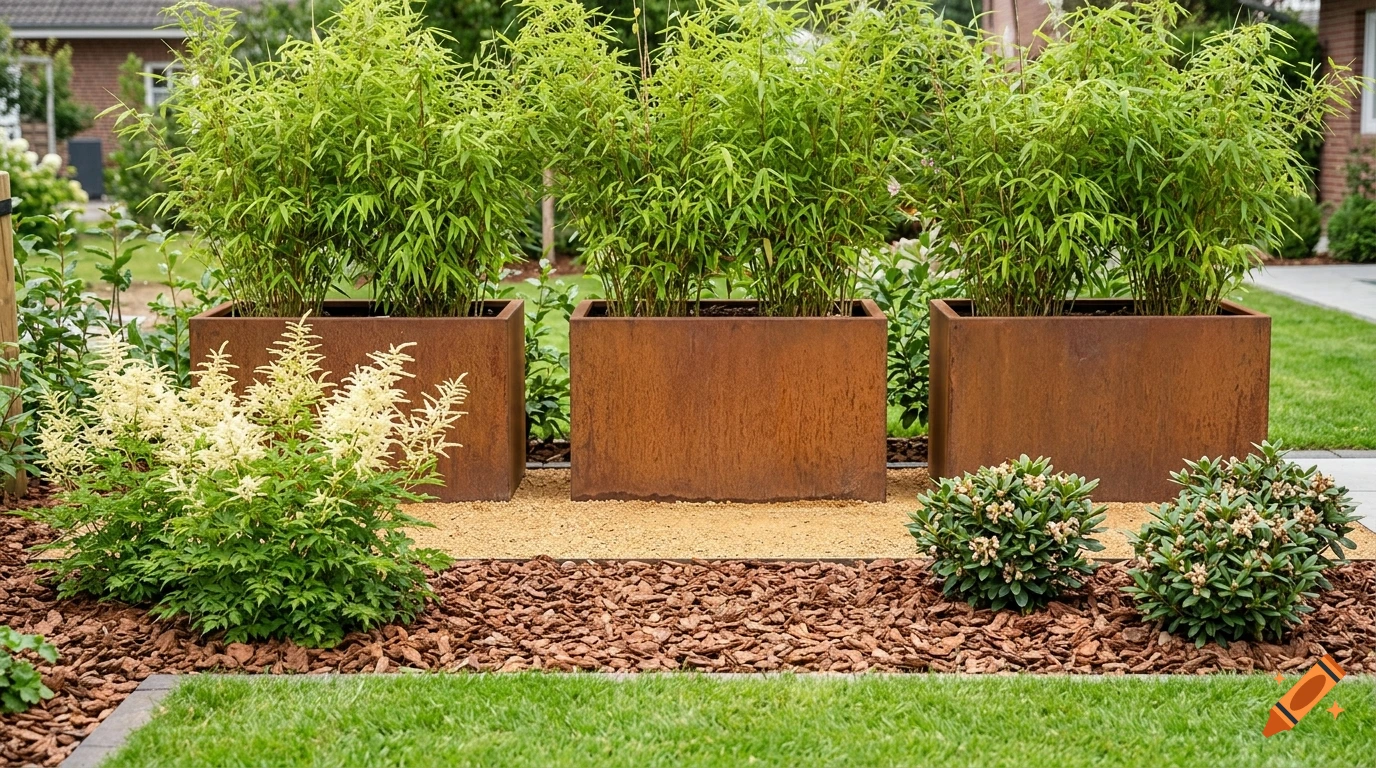 Photorealistic garden bed with three tall corten steel planters filled with green bamboo, surrounded by gravel, mulch, and flowers.