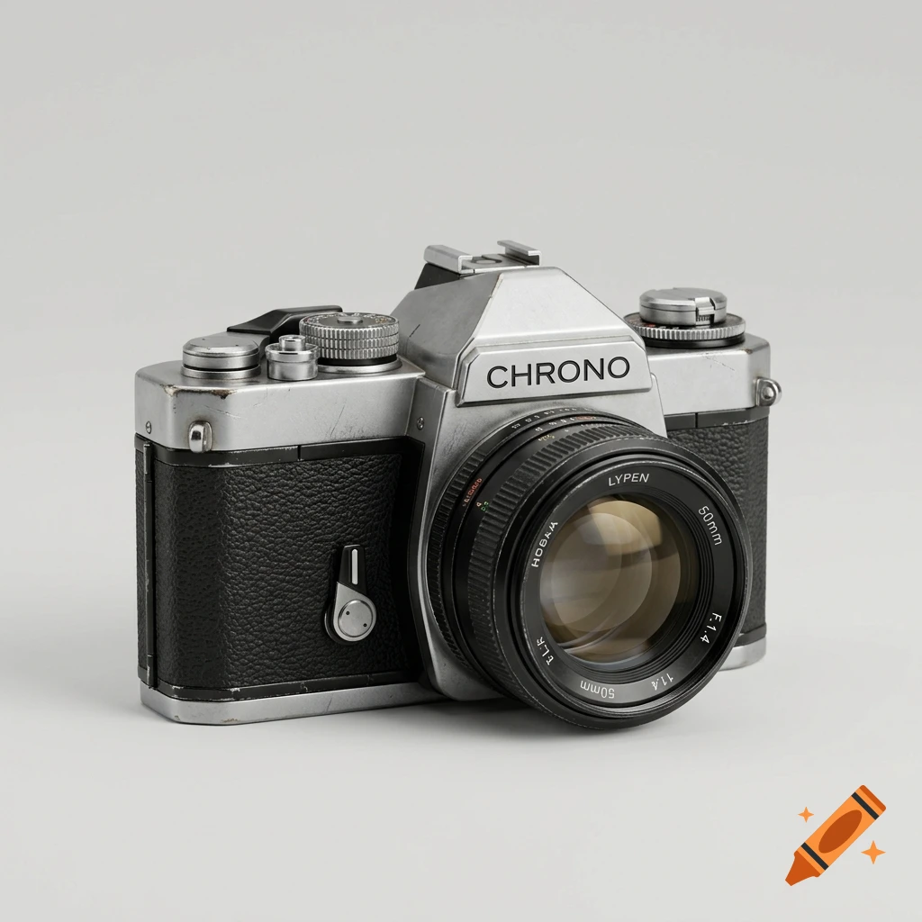 Photorealistic image of a vintage silver and black CHRONO 35mm SLR film camera with a 50mm lens on a plain white background.