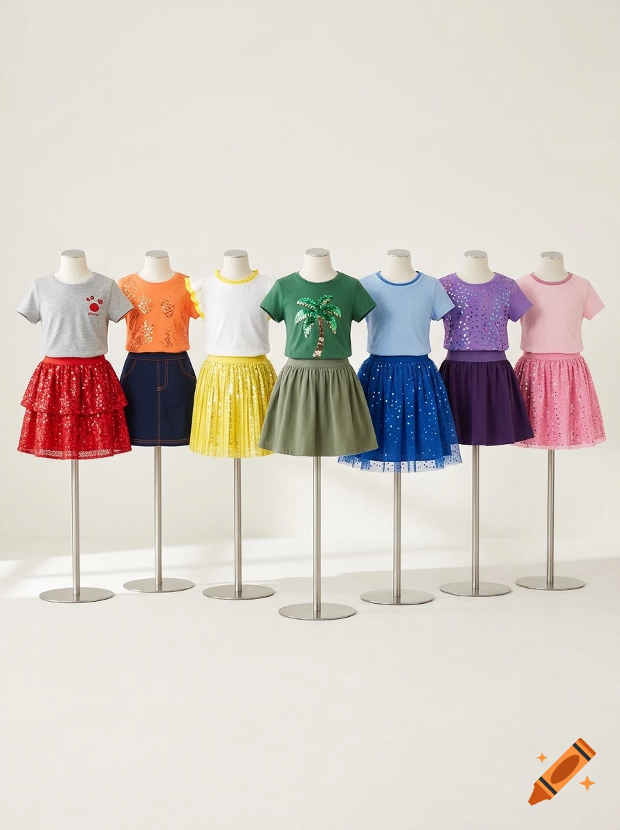 Seven mannequins displaying colorful outfits with skirts and tops in various colors against a white background.