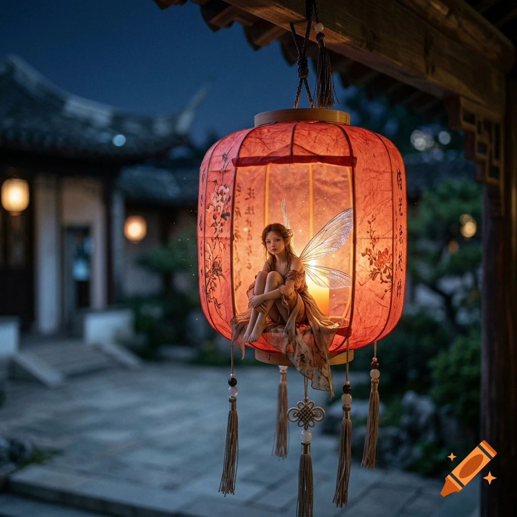 A tiny winged fairy sits inside a glowing red paper lantern hanging outdoors at dusk.