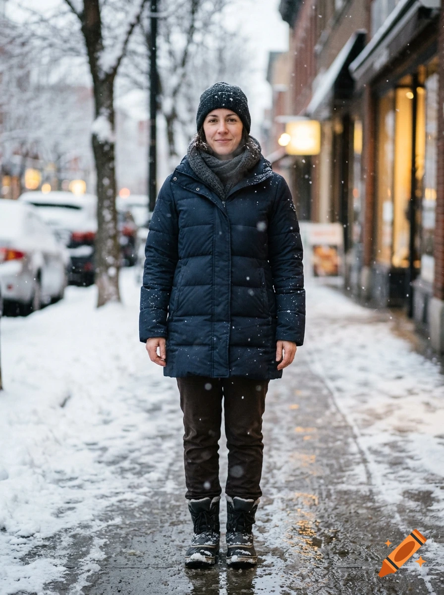 A full-length photo of a woman in a dark winter puffer jacket, beanie, and snow boots standing on a snowy sidewalk in front of storefronts.
