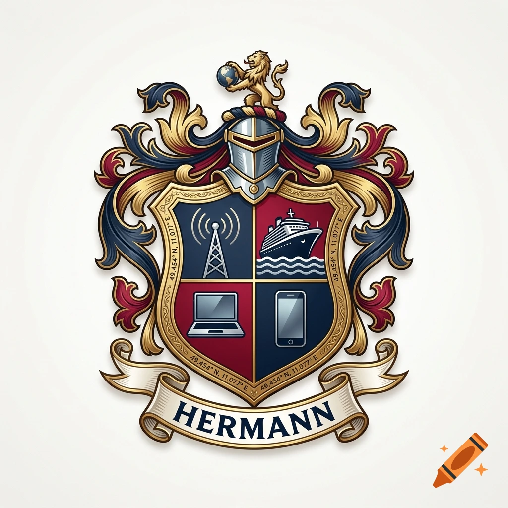 Detailed heraldic coat of arms for Hermann featuring radio tower, cruise ship, laptop, and smartphone symbols, topped with a knight helmet and lion holding a globe.
