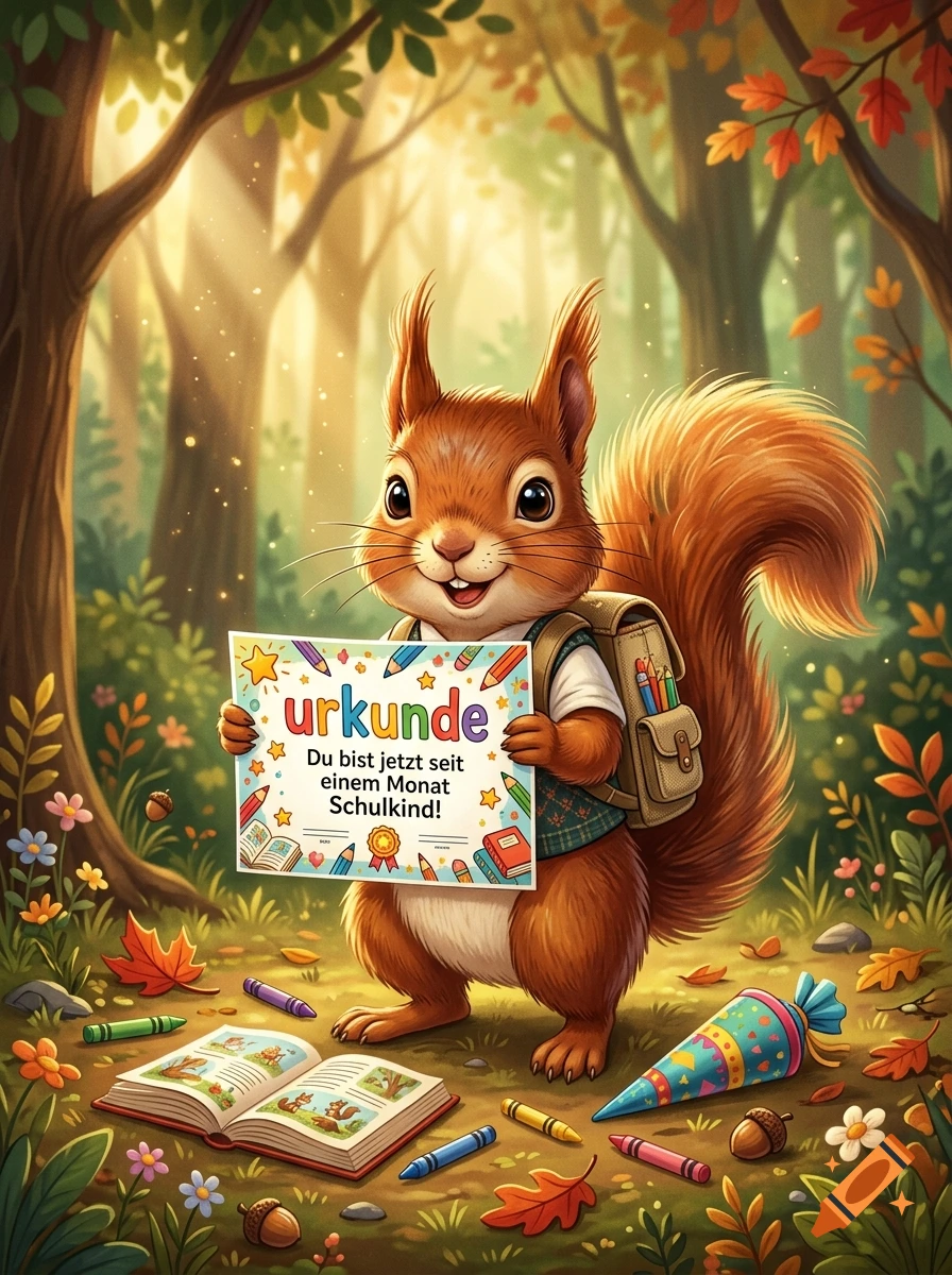 An adorable cartoon red squirrel with a backpack holding an educational certificate in a sunny autumn forest.