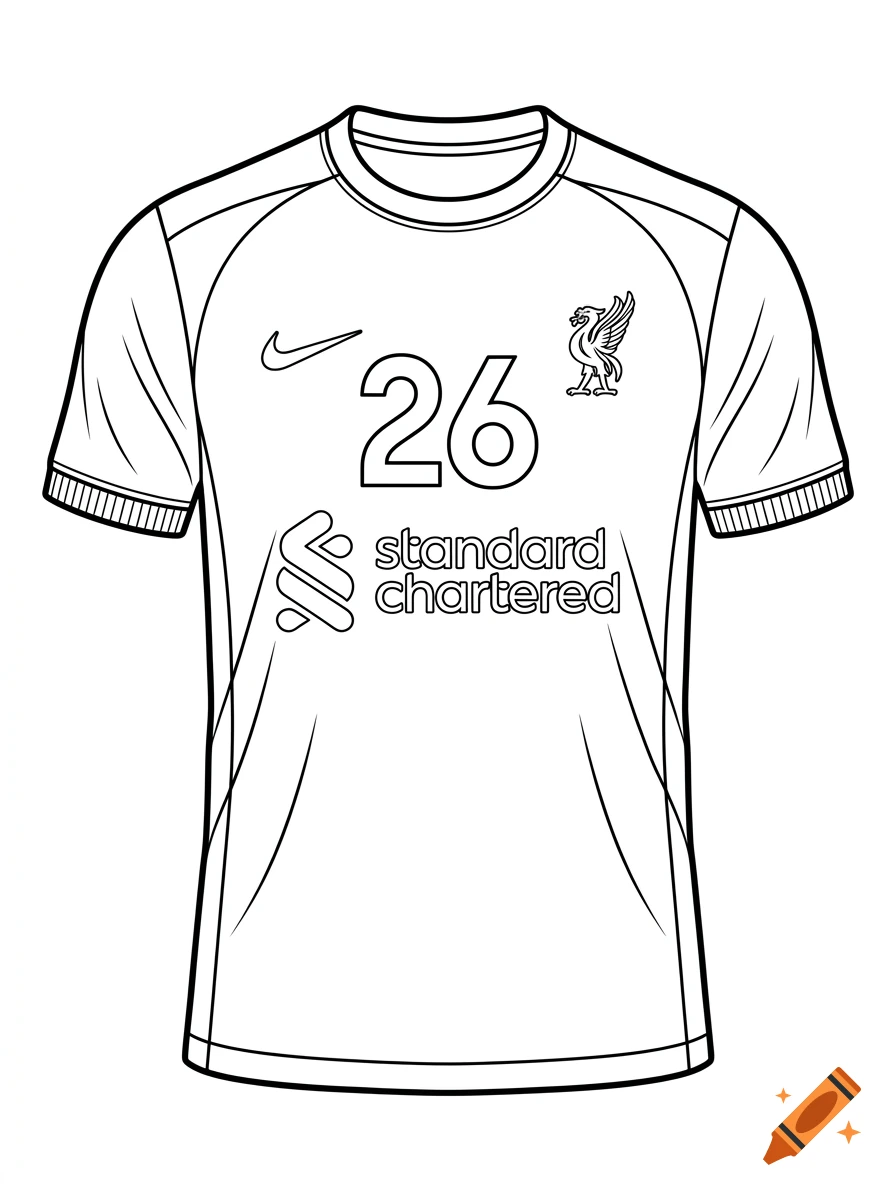 Black and white line art coloring page of a Liverpool football jersey with the number 26 and Standard Chartered logo.