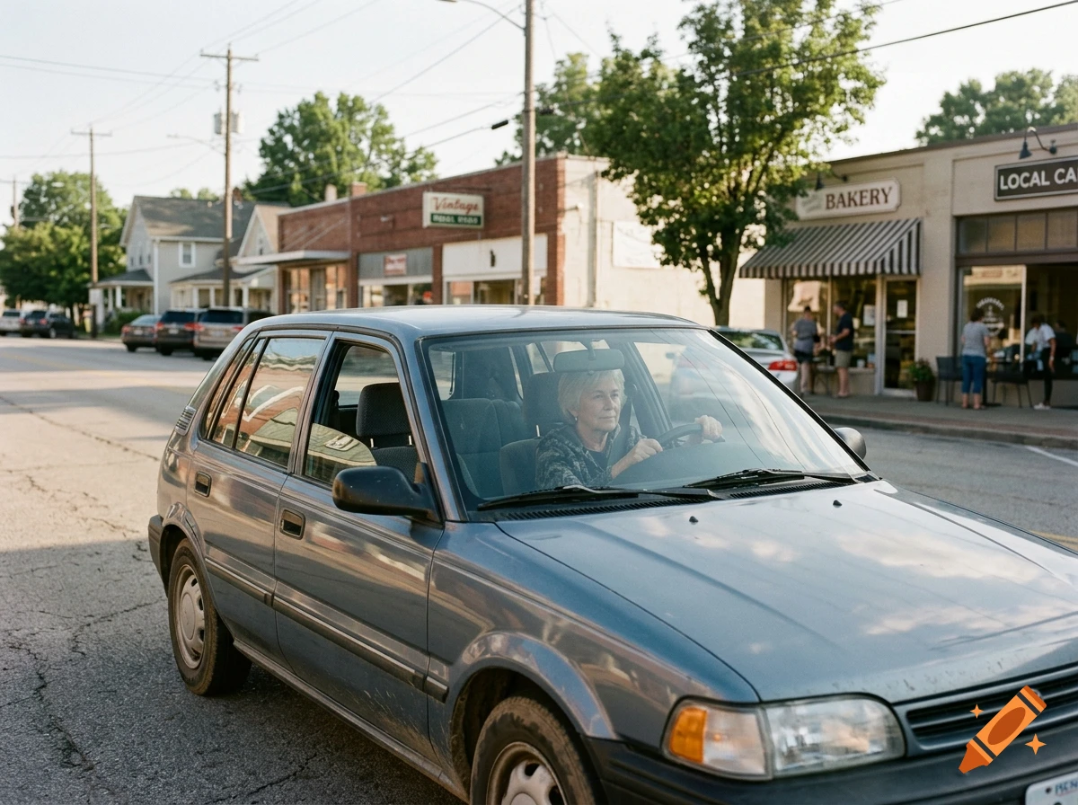 An older woman driving a blue hatchback car down a small town main street on a sunny morning, photorealistic.