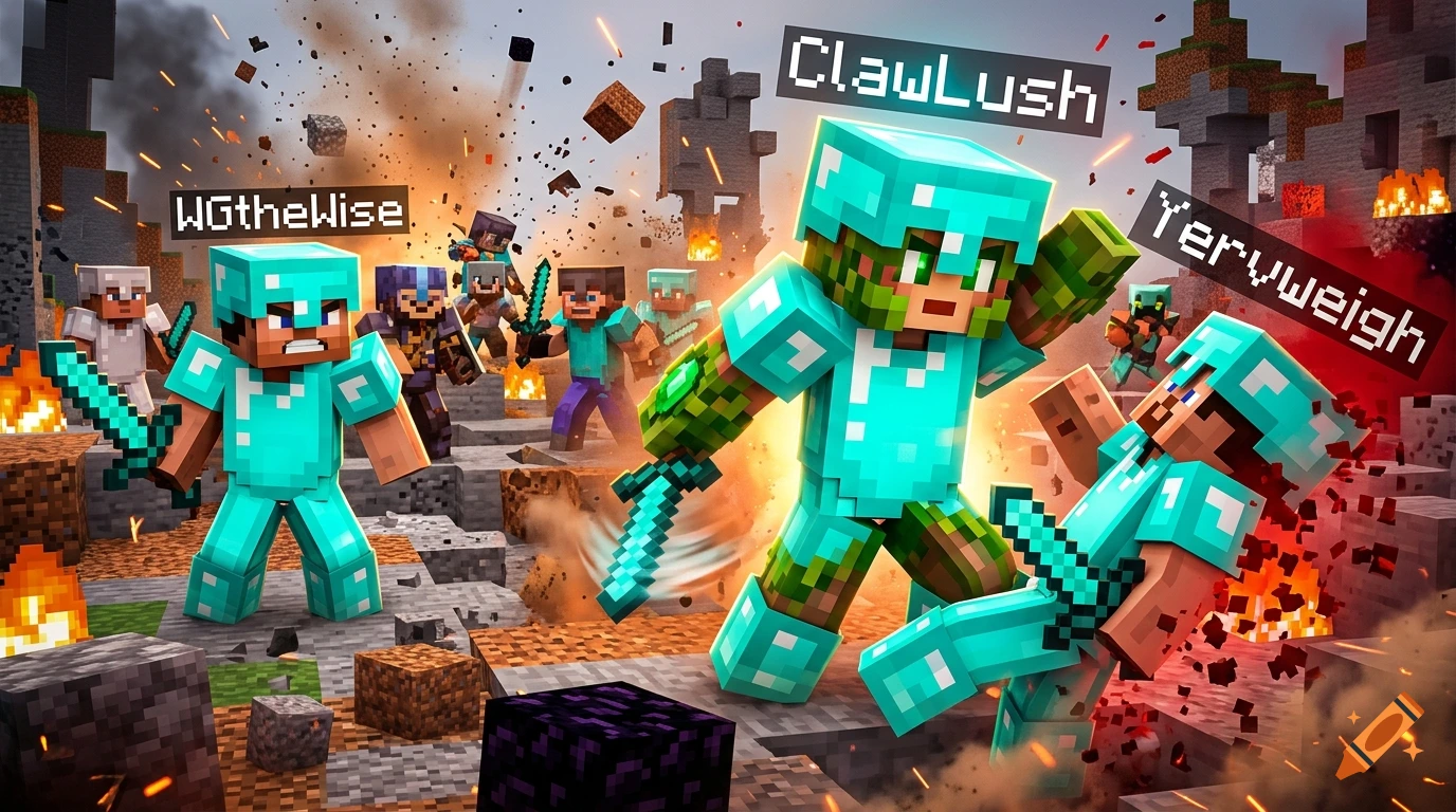 Minecraft thumbnail featuring players in diamond armor fighting in a devastated landscape with nametags ClawLush, WGtheWise, and Yervweigh.