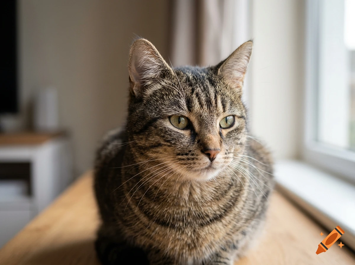 Close-up photograph of a tabby cat resting on a wooden surface near a window.