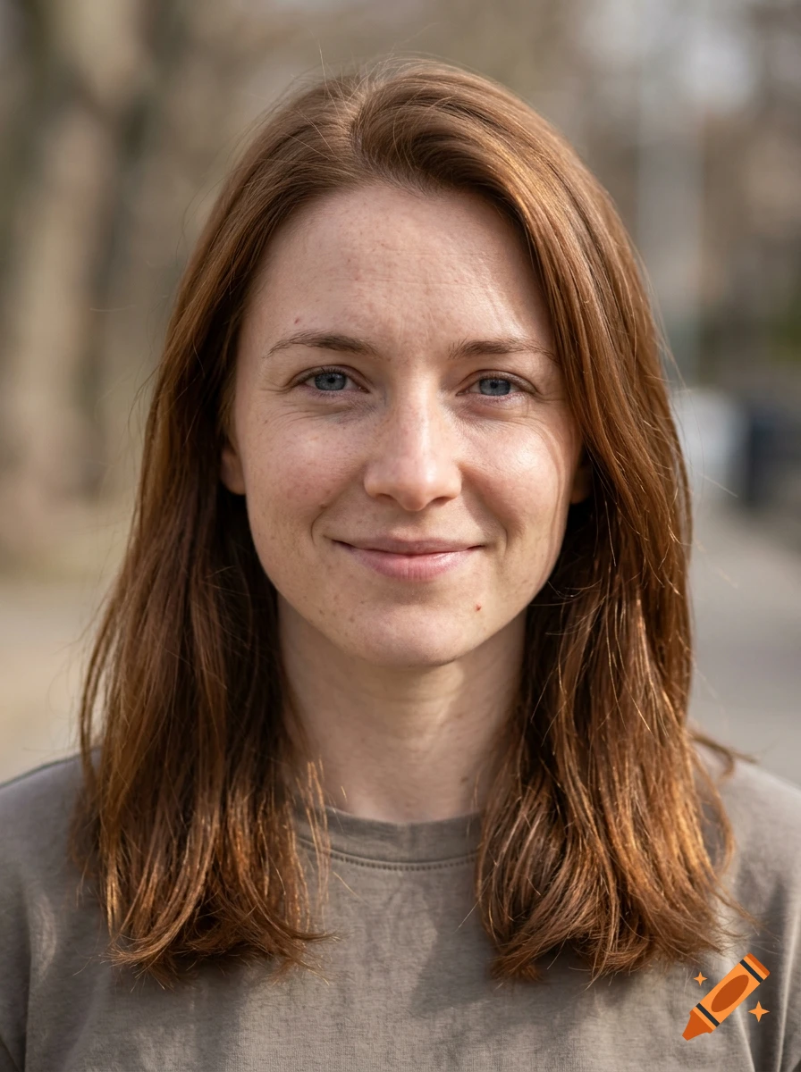 Photorealistic close-up portrait of a 25-year-old woman with red-brown hair, light freckles, and blue eyes.
