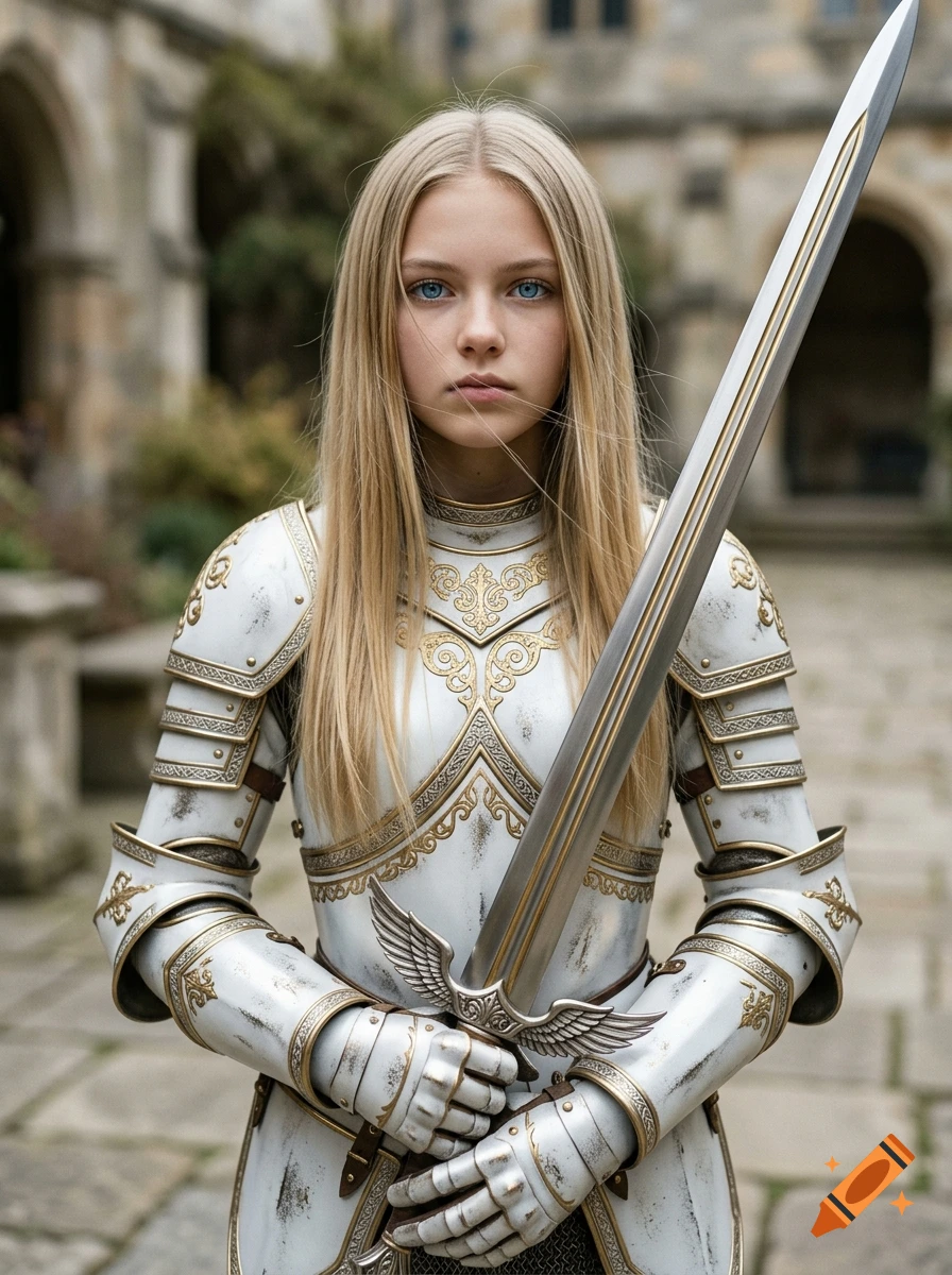 Photorealistic portrait of a young blonde girl in ornate white and gold armor holding a sword with winged hilt.