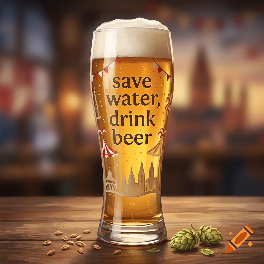 A tall glass of beer with foam on top, featuring the text save water, drink beer, sitting on a wooden table with hops and barley.