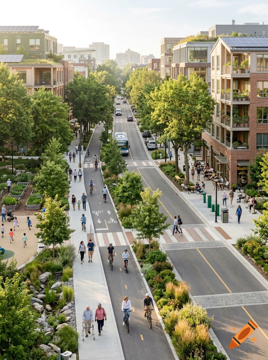 Aerial view of a vibrant urban street with bike lanes, walking paths, trees, and modern buildings.