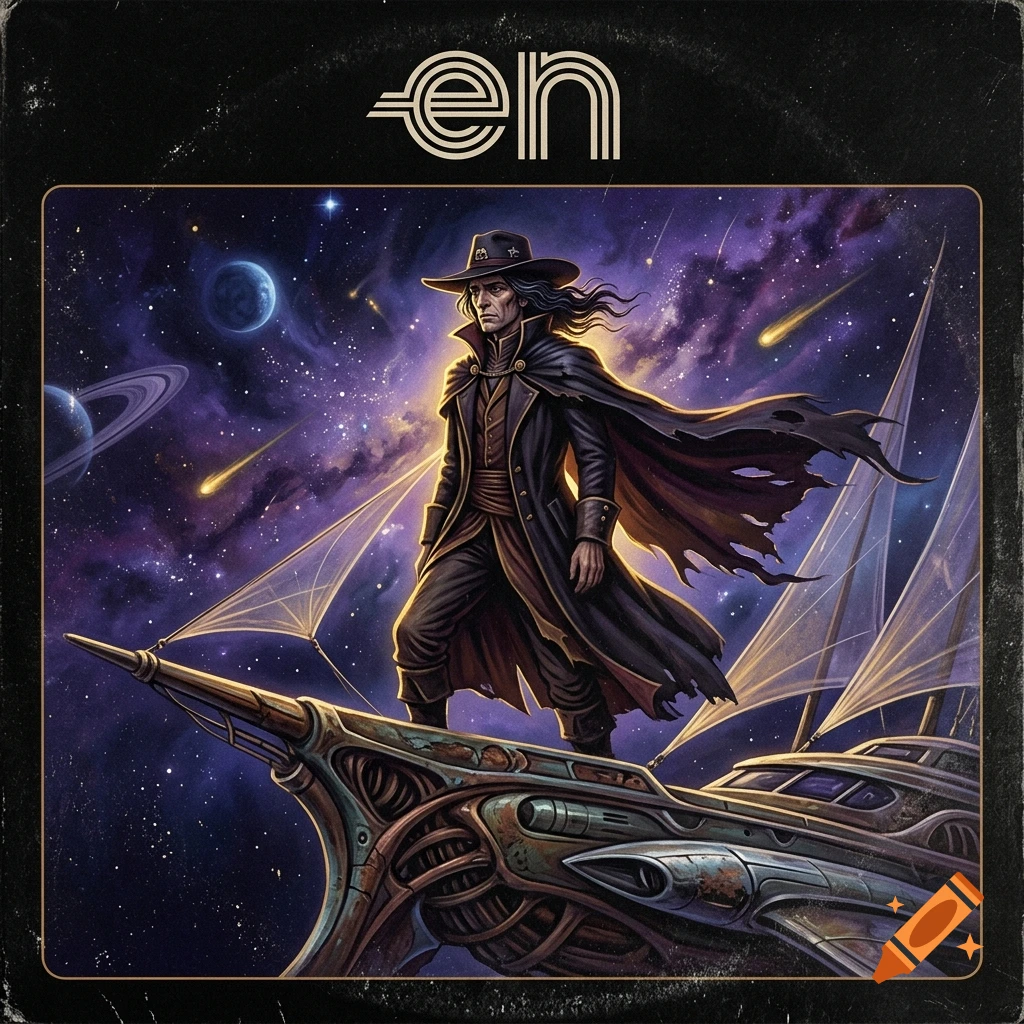 Retro-futuristic space opera illustration of a lone traveler standing on a celestial sailing ship against a purple nebula.