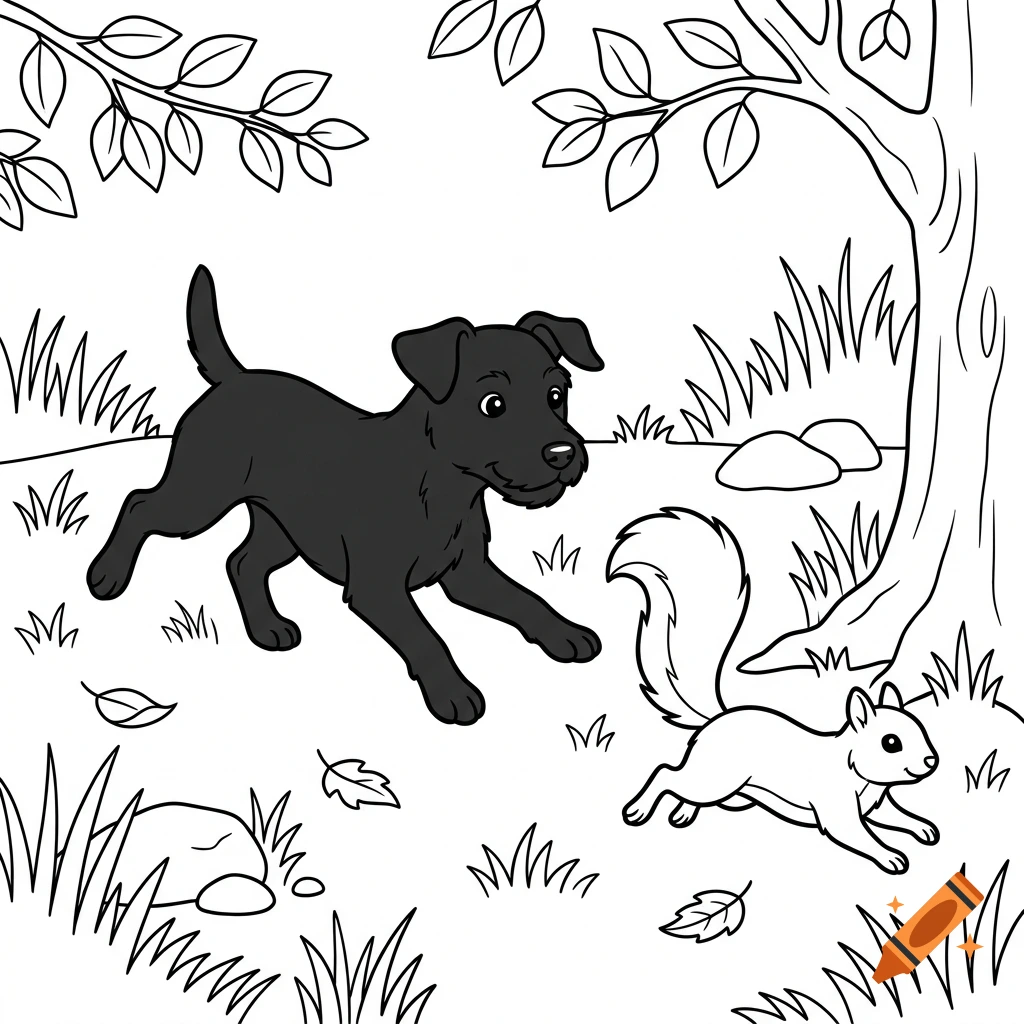 Black Patterdale dog chasing a squirrel outdoors, black and white coloring page style.