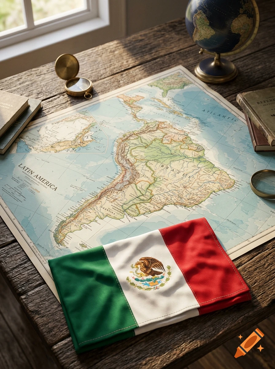 Photorealistic overhead shot of a wooden table featuring a Latin America map, a Mexican flag, a compass, and a globe.