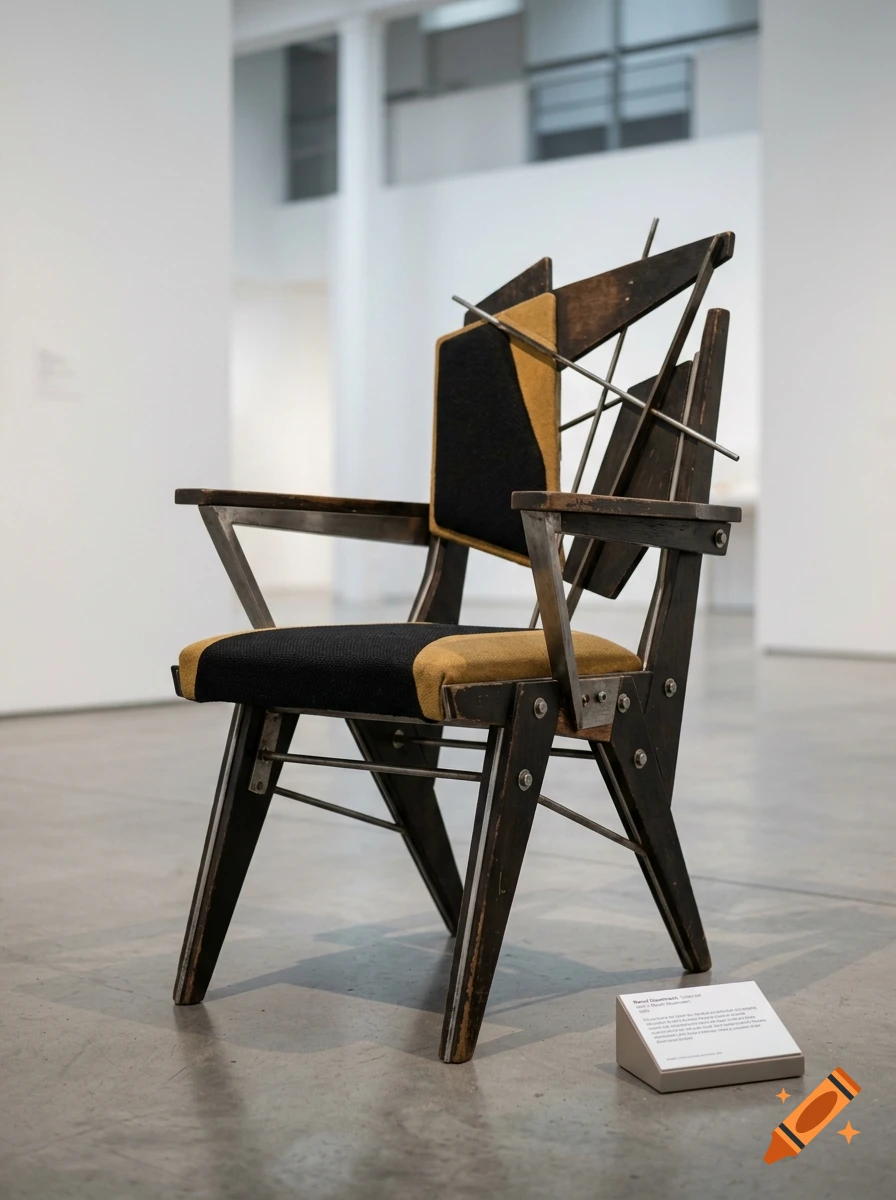 A modern deconstructed armchair made of wood and metal displayed in a white art gallery.