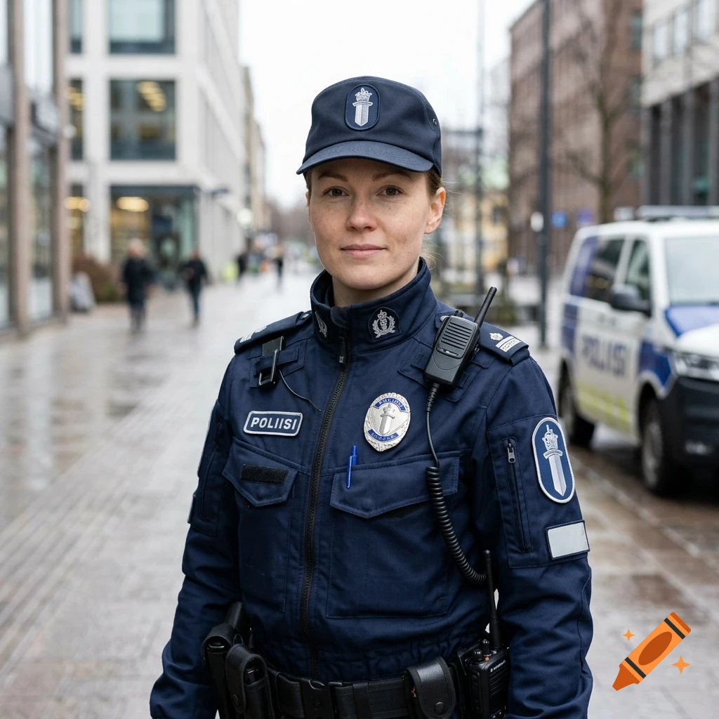 Photorealistic medium shot of a Finnish police officer in uniform standing on a city street.