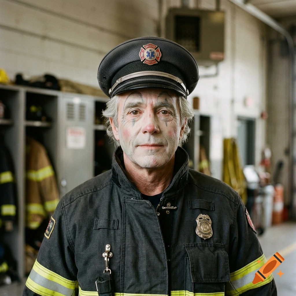 Photorealistic portrait of a male firefighter with grey hair and clown makeup, wearing a uniform and cap in a fire station.
