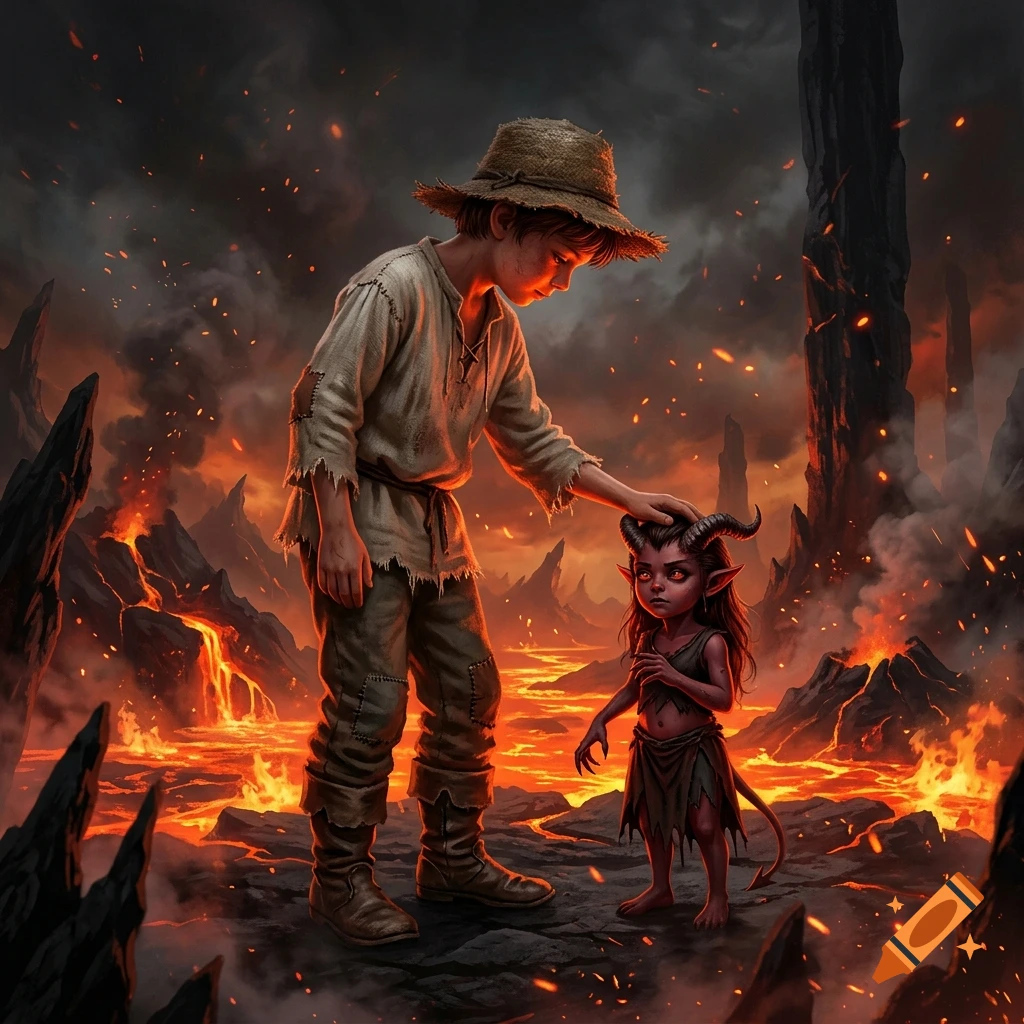 A peasant boy in a straw hat gently pets a small horned demon girl in a fiery volcanic underworld, digital painting.