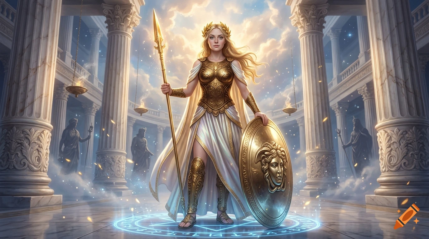 Cinematic fantasy concept art of goddess Athena holding a spear and shield in a majestic marble hall, digital painting.