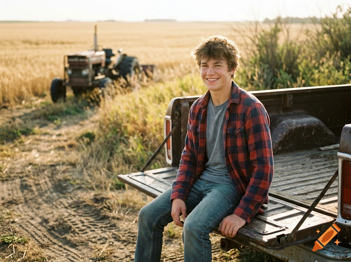 Photorealistic image of a smiling teenage boy sitting on the tailgate of a pickup truck in a rural field with a tractor in the background.