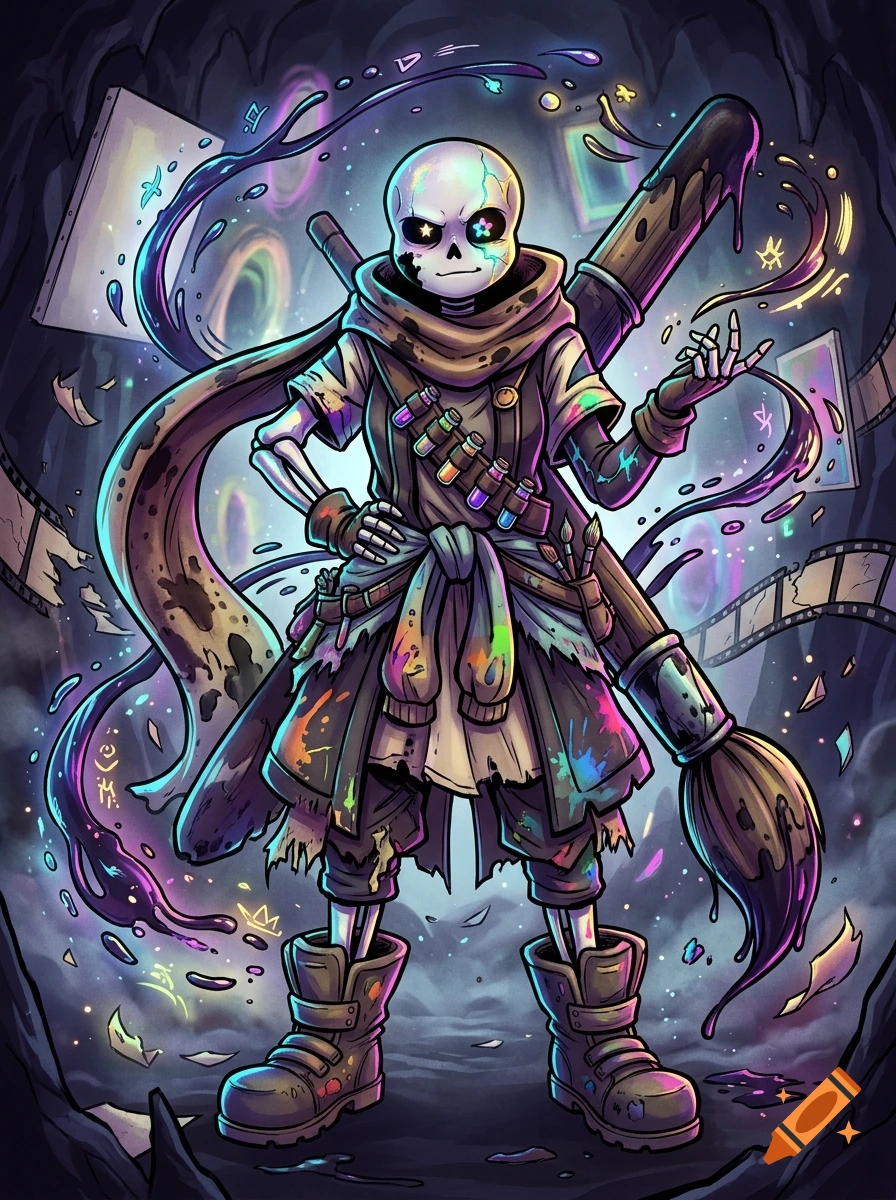 An anime-style digital illustration of a skeleton character with a large paintbrush, wearing a scarf and utilities, in a dark mystical cavern.