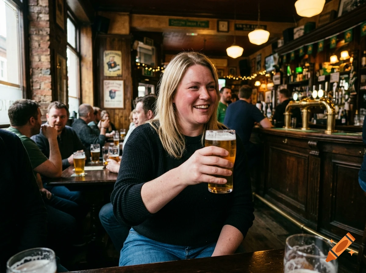 A smiling blonde woman holding a glass of beer in a crowded pub with wooden interiors.
