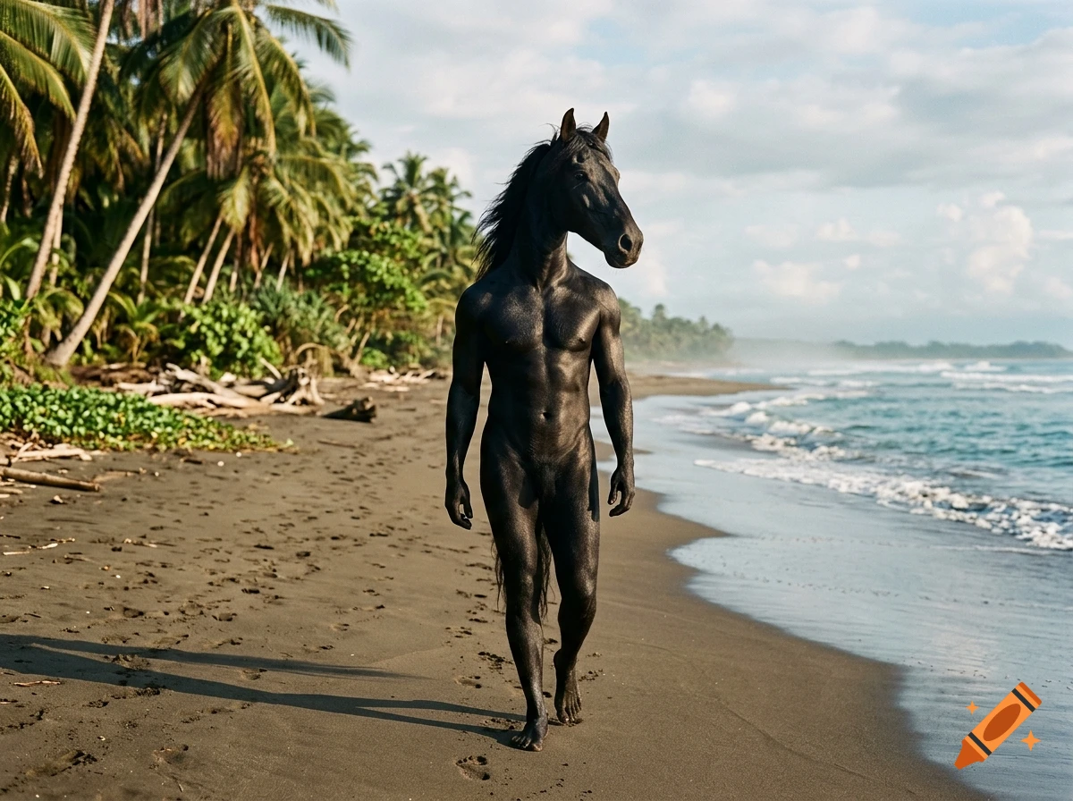 Photorealistic image of a humanlike black horse standing on a tropical beach.