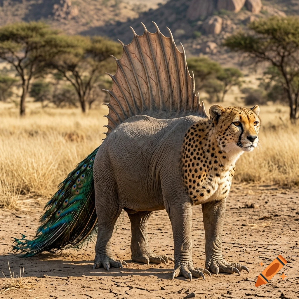 Photorealistic fantasy creature with a cheetah head, elephant body, lizard feet, peacock tail, and dimetrodon sail standing in an arid landscape.