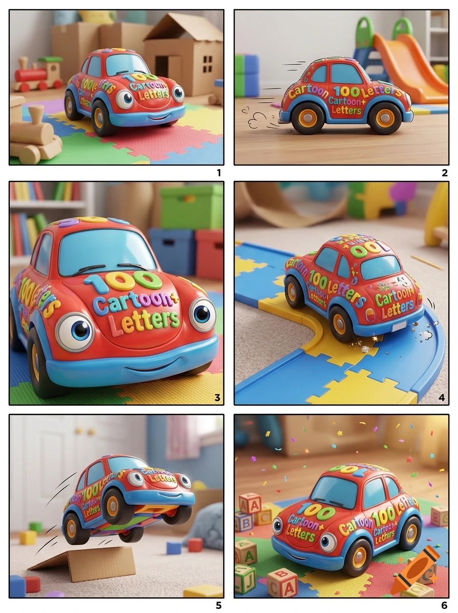 A 6-panel storyboard showing a cute, stylized red toy car with eyes and colorful letter graphics playing in a playroom.