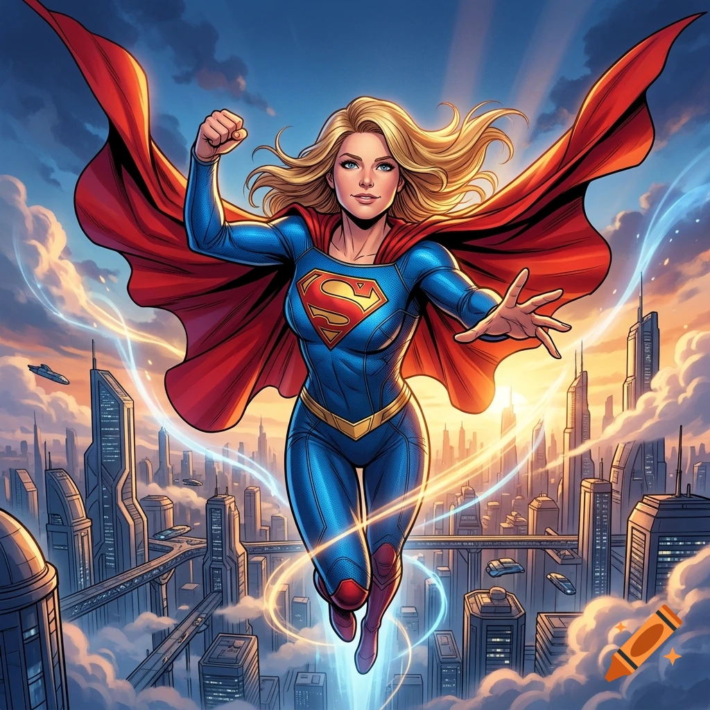 Comic book style illustration of Supergirl flying above a futuristic city with glowing energy trails.