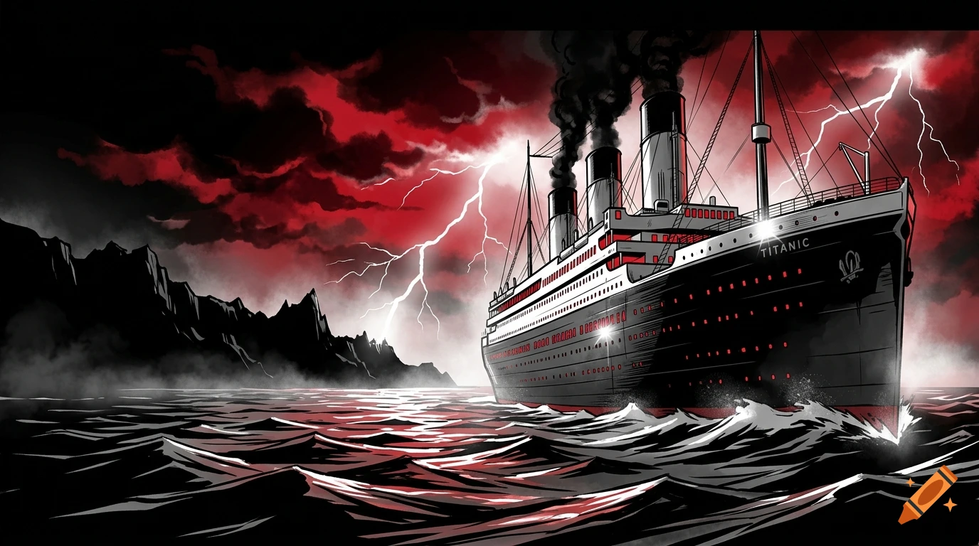 Comic art style banner of the Titanic ship sailing on dark, wavy ocean towards a stormy red shore with lightning.