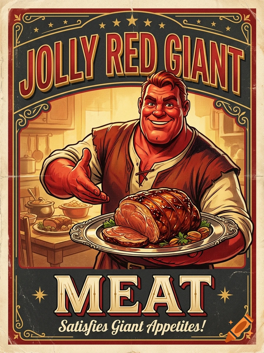Vintage magazine advertisement poster featuring a smiling muscular red giant holding a platter of meat, styled with retro typography.