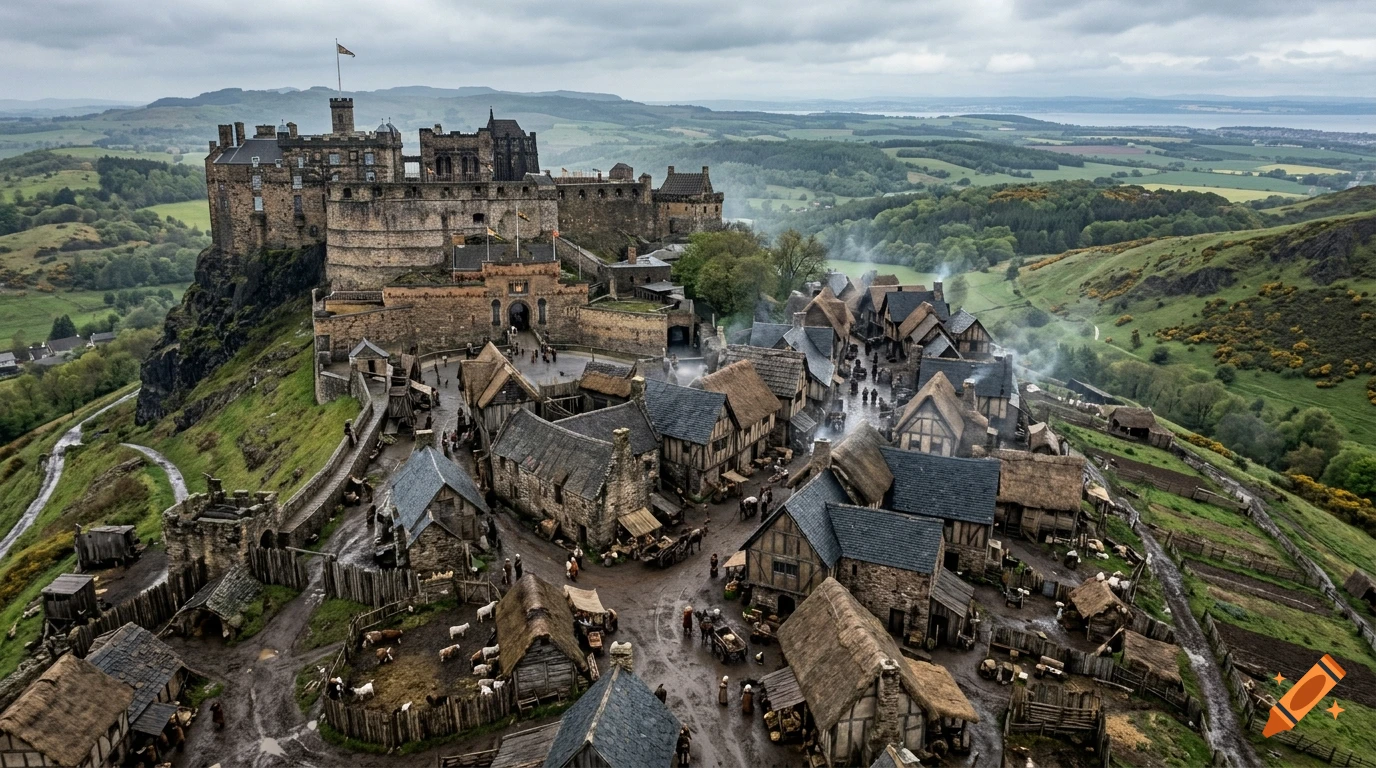 Aerial view of a medieval stone castle perched on a volcanic rock overlooking a thatched-roof village and green hills, photorealistic.