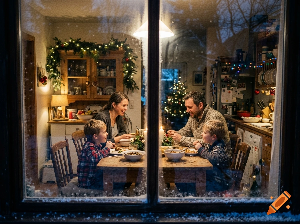 Family having dinner at a table in a cozy decorated kitchen during Christmas, viewed through a frosty window.