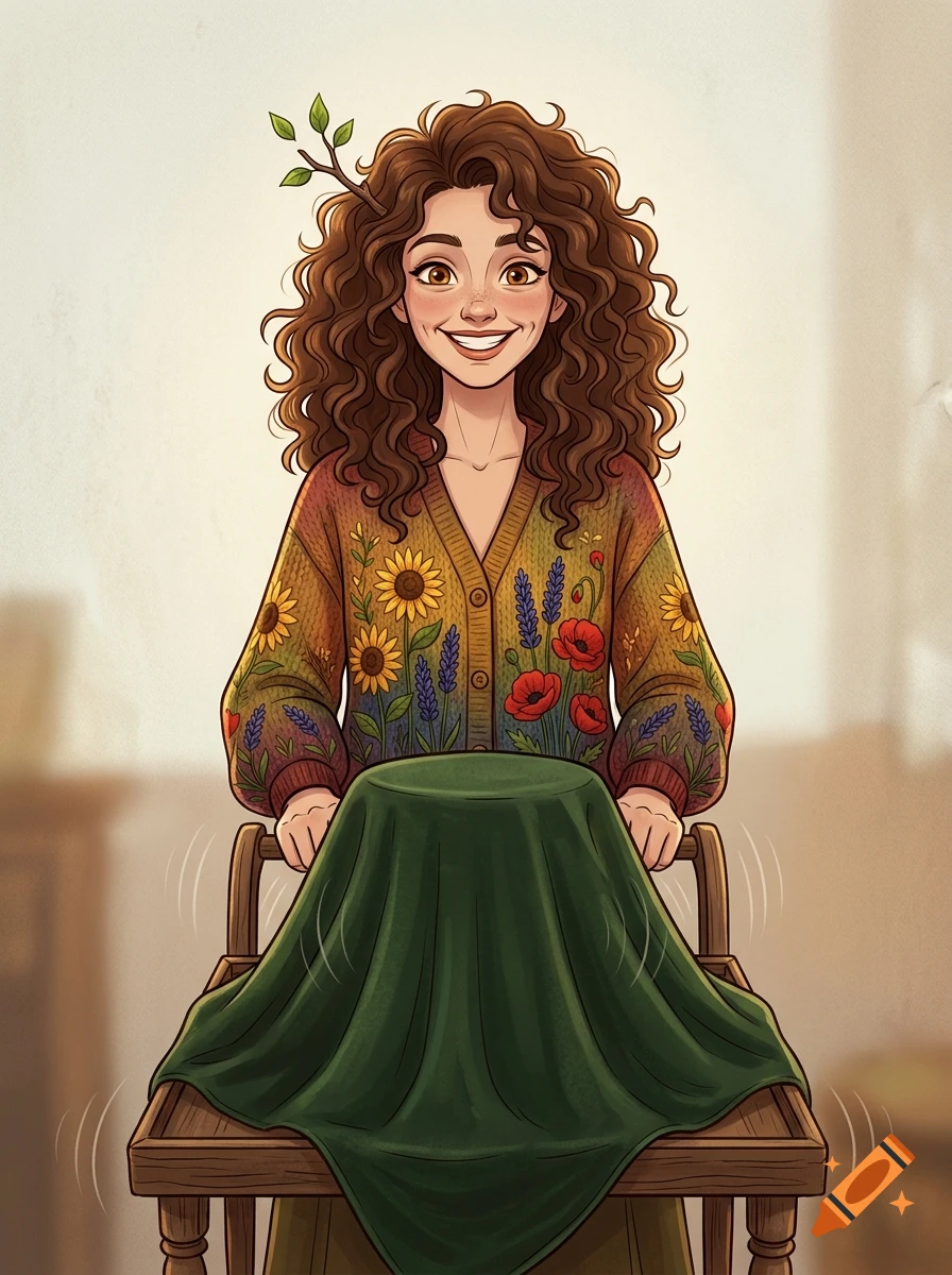 Digital illustration of a smiling curly-haired woman with a twig in her hair, wearing a floral cardigan and pushing a tea cart covered with a green cloth.