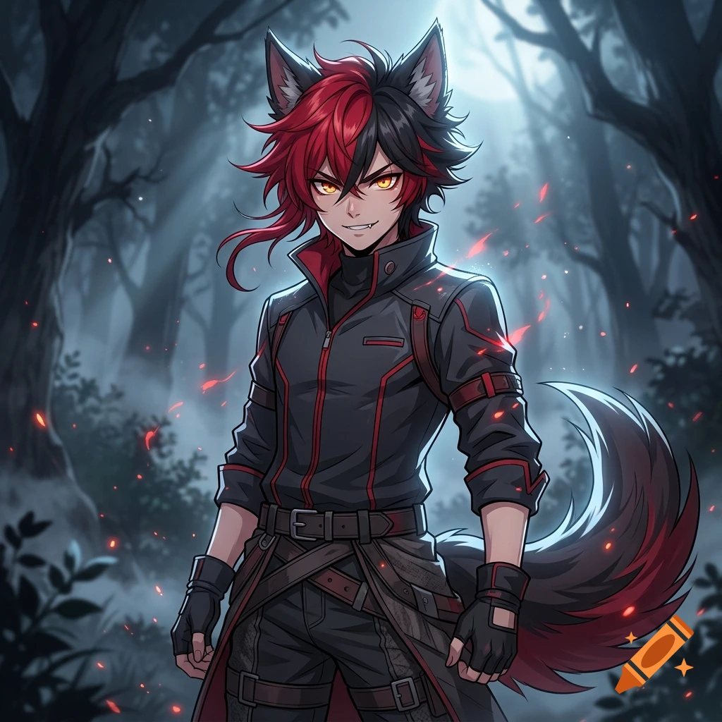Anime style illustration of a male character with wolf ears, red and black hair, and a fluffy tail in a dark forest.