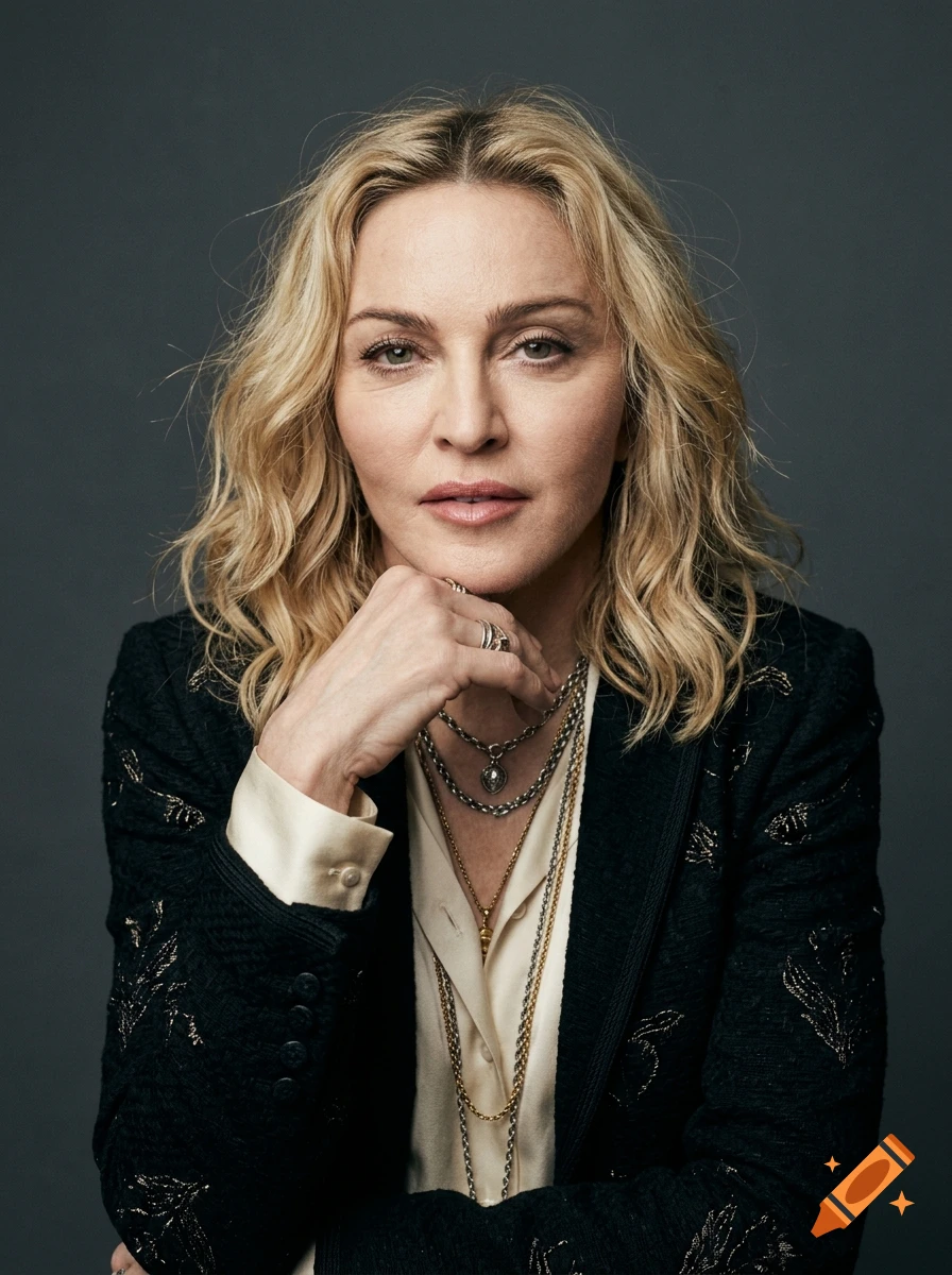 Portrait of Madonna with blonde hair, resting her chin on her hand, wearing a dark embroidered jacket and layered necklaces.