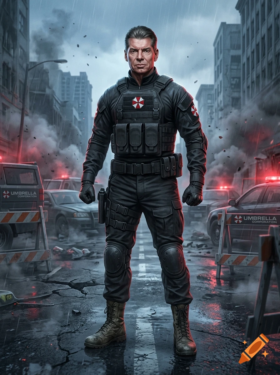 A man in tactical gear with the Umbrella Corporation logo stands on a ruined street amidst police cars and smoke.