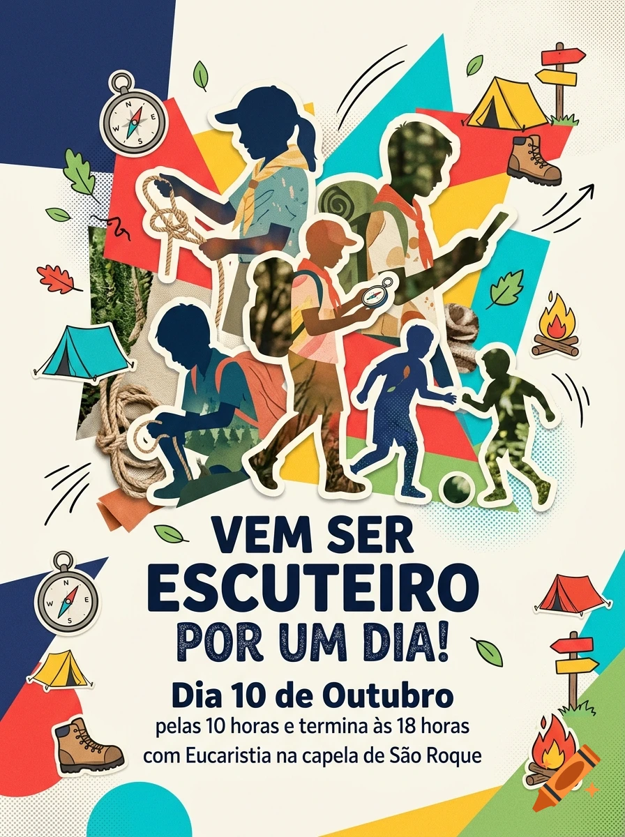 Modern dynamic digital poster for youth scouting activities with colorful cutouts of kids and Portuguese text.