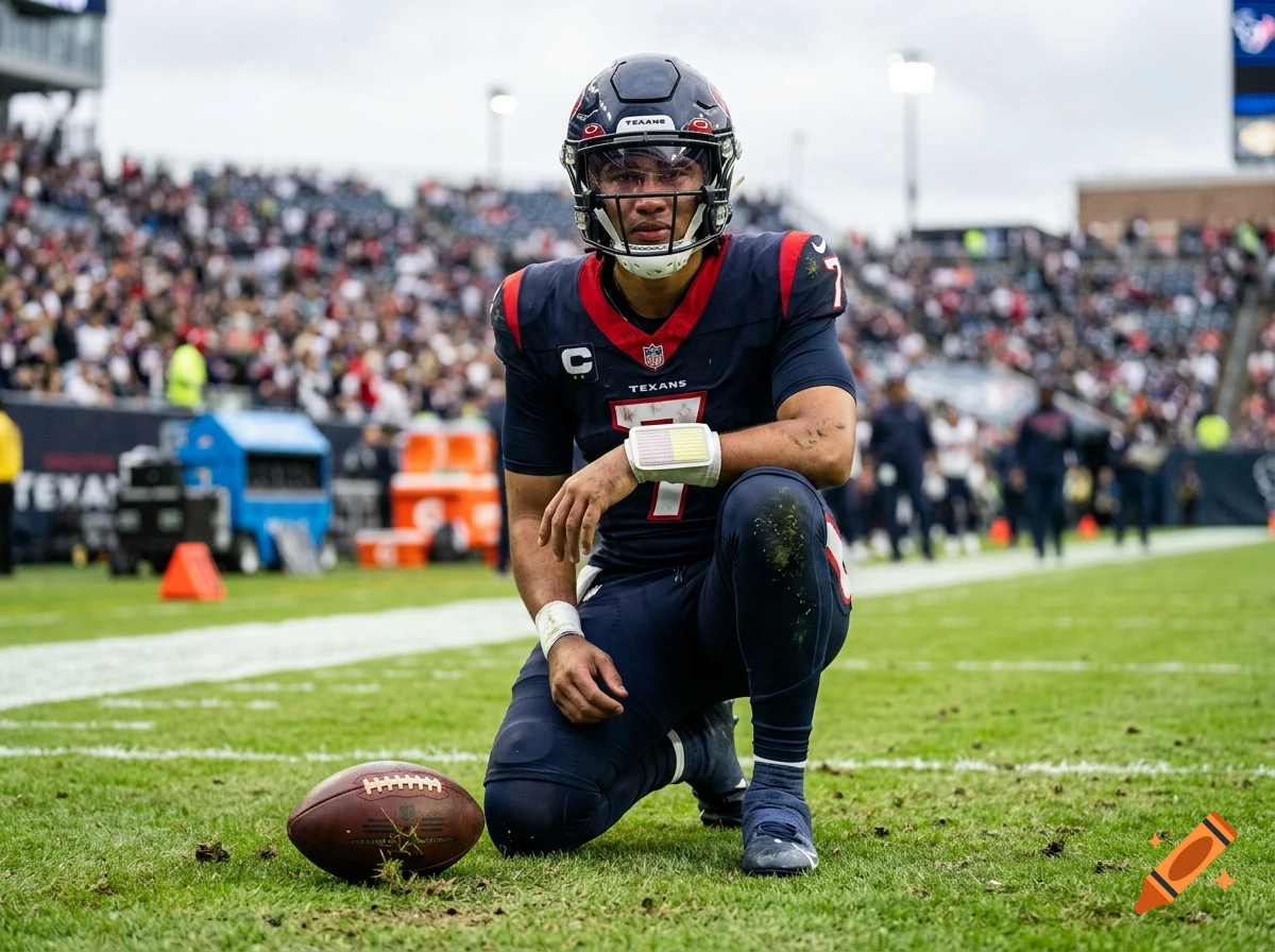 A football player wearing a helmet and uniform is kneeling on the field with a football nearby during a game.