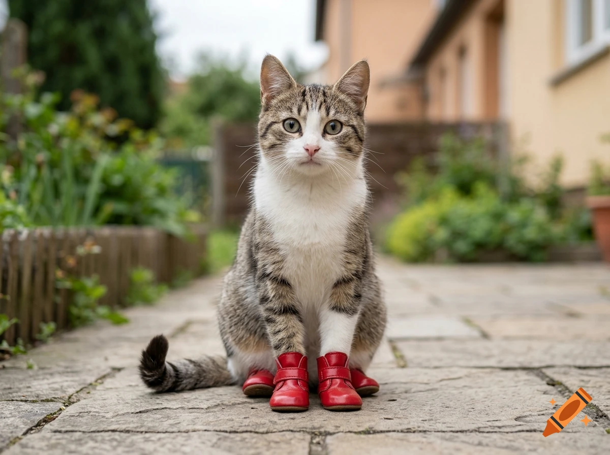 Photorealistic image of a cute tabby cat sitting on a stone patio wearing tiny red leather boots.