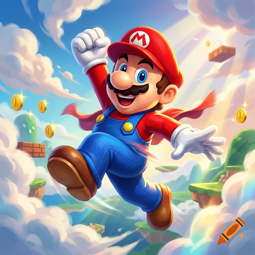 Digital illustration of Mario flying through a sky filled with clouds, floating platforms, and coins.