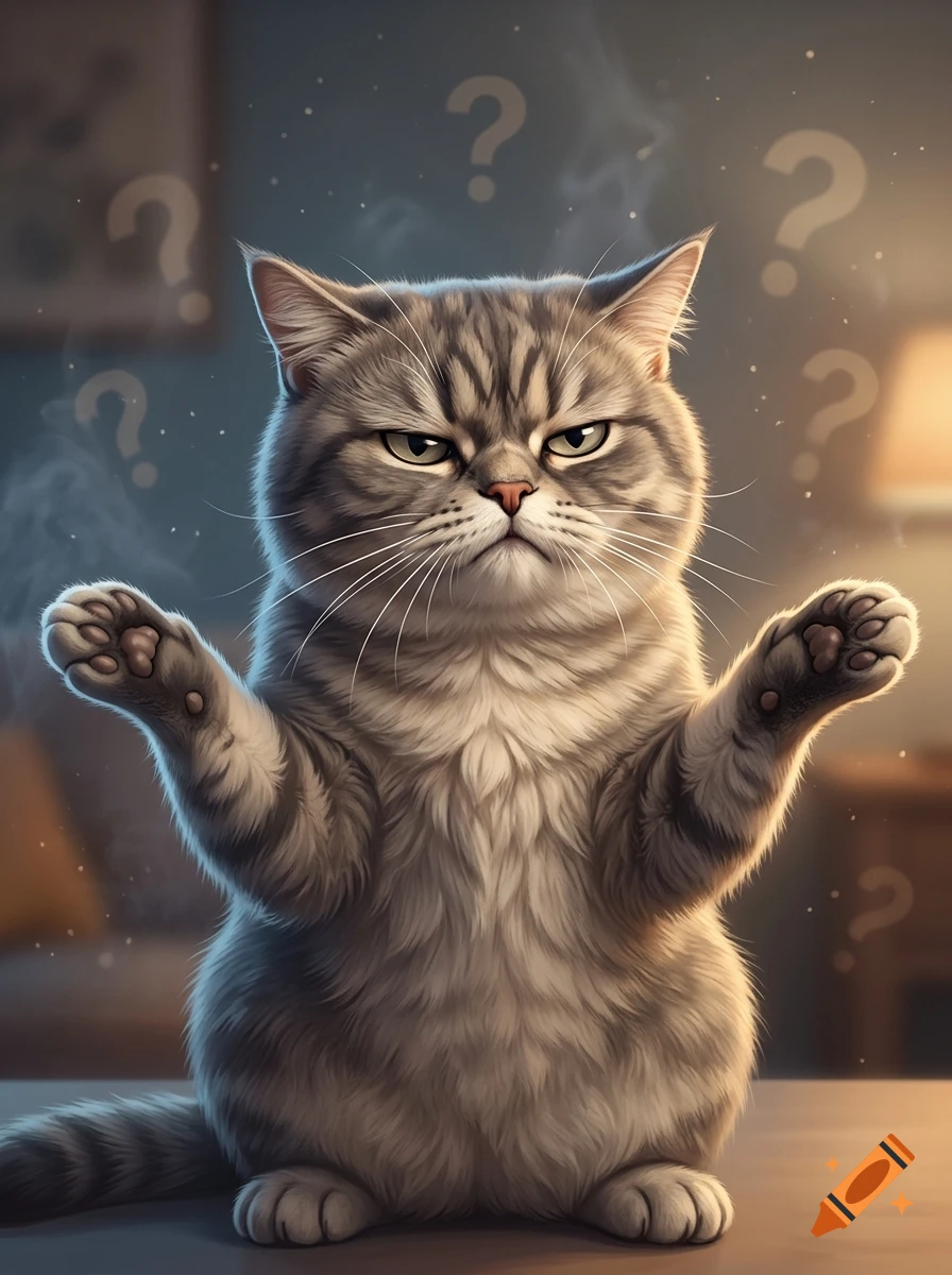 A grumpy-looking gray tabby cat with raised paws and a confused expression, surrounded by floating question marks in a cozy room.