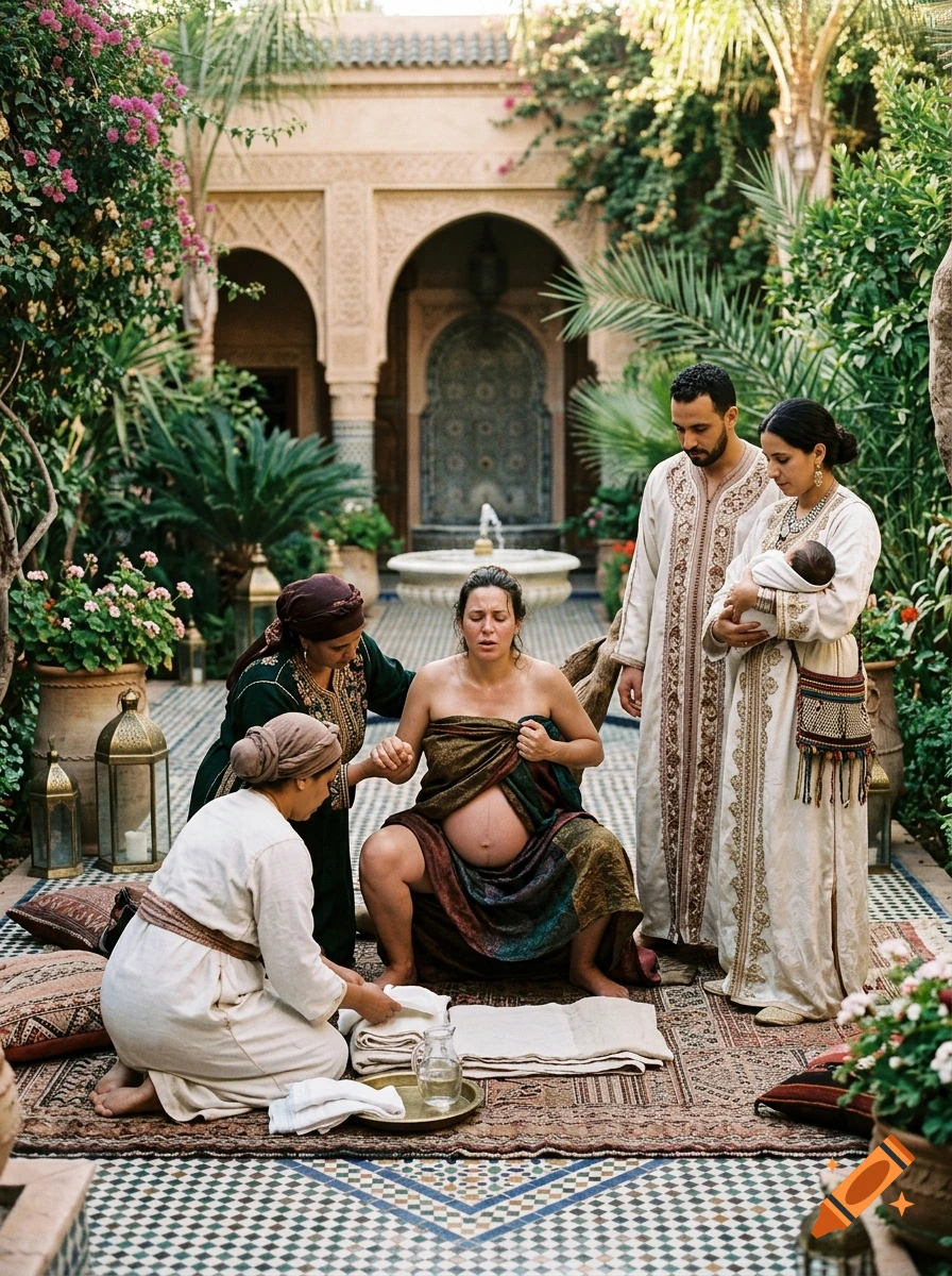 Photorealistic scene of a woman giving birth in a luxurious North African courtyard, surrounded by family members.