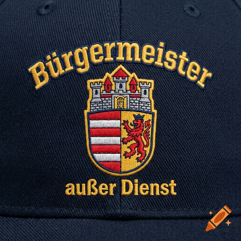 Close-up of embroidered text and coat of arms on a dark blue baseball cap.